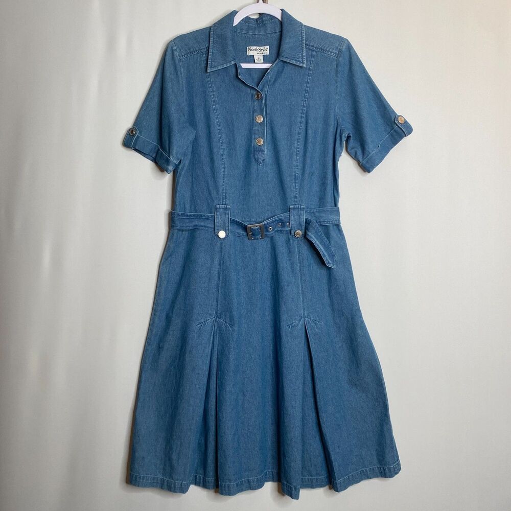NorthStyle Light Denim Belted Pleated Dress SS Collared Button Up Neckline  10